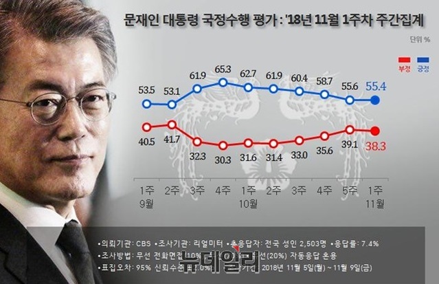 ▲ 문재인 대통령 국정수행 평가 11월 1주차 주간집계표. ⓒ리얼미터