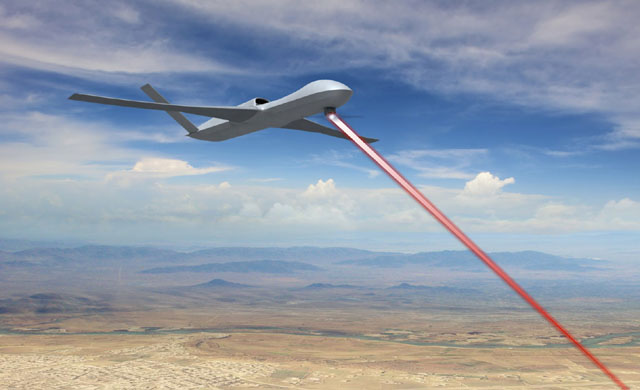▲ 美제네럴 아토믹스는 향후 어벤저에 150kw급 레이저 무기 'HELLADS'를 장착할 계획이다. 이 정도면 미사일 격추도 가능하다. ⓒ美제네럴 아토믹스 공개 일러스트.