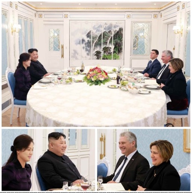 ▲ 6일 노동신문 1면에 실린 쿠바 정상 부부와 김정은 부부의 만찬 사진 ⓒ 노동신문 갈무리