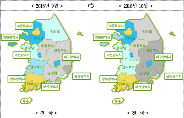 ▲ 전국 부동산시장 소비자심리지수. 붉은색 계열은 상승, 푸른색 계열은 보합, 회색 계열은 하강을 나타낸다.ⓒ국토연구원
