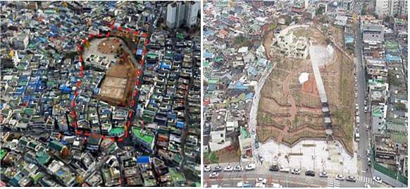 ▲ 신암동 옛 대구기상대 부지(사진 왼쪽)가 기상대기념공원(오른쪽)으로 조성됐다.ⓒ동구청