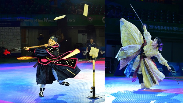 2016청주세계무예마스터십 대회 연무 경기에 출전한 한국 남녀 선수의 경기 장면.ⓒ충북도