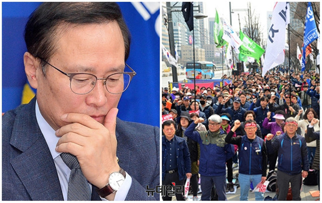 ▲ 더불어민주당 홍영표 원내대표와 결의대회를 벌이는 민주노총 일원들. ⓒ뉴데일리 DB