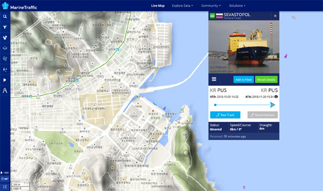 ▲ 러시아 화물선 '세바스토폴' 호의 현재 위치. 한 달 전에 부산에서 수리를 받아놓고 또 수리한다며 입항했다. ⓒ마린트래픽 검색결과 캡쳐.