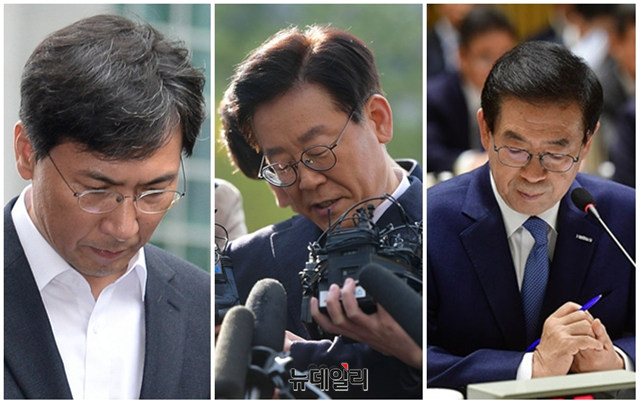 ▲ 안희정 전 충남도지사와 이재명 경기도지사, 박원순 서울시장. ⓒ뉴데일리 DB