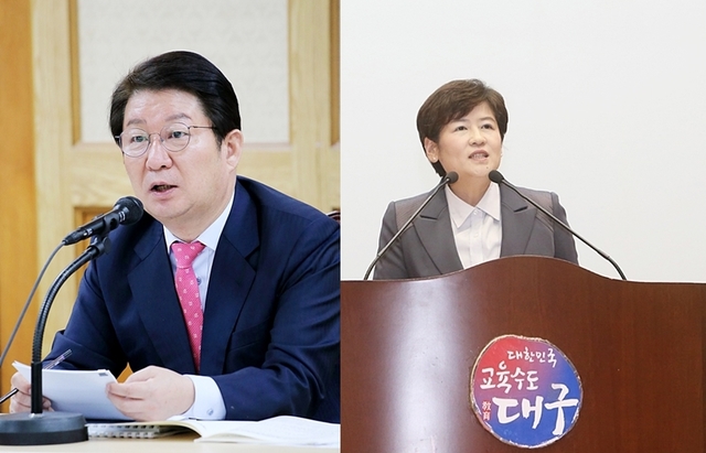 ▲ 대구시(사진 왼쪽 권영진 시장)와 대구시교육청(오른쪽 강은희 교육감)이 2019년부터 중학교 전면 무상급식 시행에 합의했다.ⓒ대구시, 대구교육청