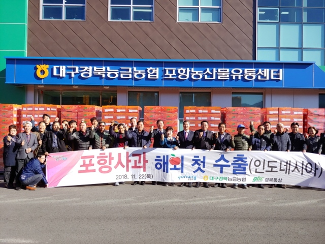 ▲ 포항시 관계자들이 대구경북능금농협 농산물유통센터에서 포항사과 첫 해외 수출 기념사진을 촬영하고 있다.ⓒ포항시