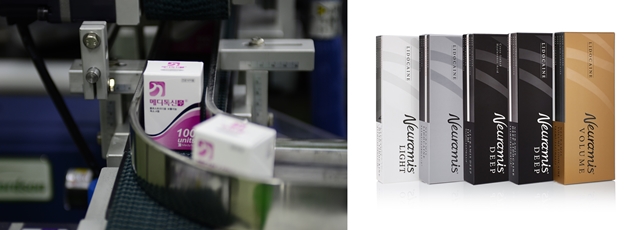 ▲ 보툴리눔 톡신 제제 ‘메디톡신’(좌)과 히알루론산 필러 ‘뉴라미스’ 시리즈 5종(우) ⓒ메디톡스