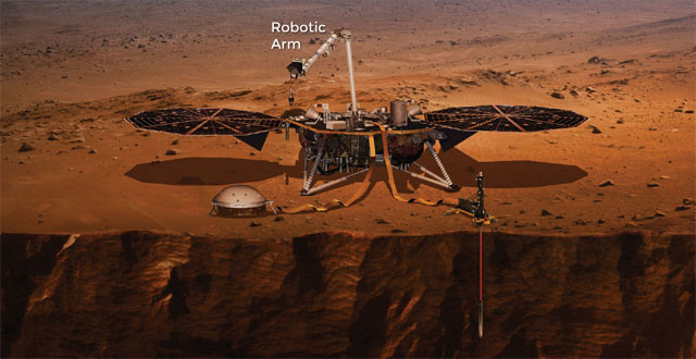 ▲ 화성탐사선 '인사이트' 호가 무사히 착륙, 임무를 시작했다. 사진은 美항공우주국(NASA)가 공개한 '인사이트' 호의 개념도. ⓒ美NASA '인사이트' 홈페이지 캡쳐.