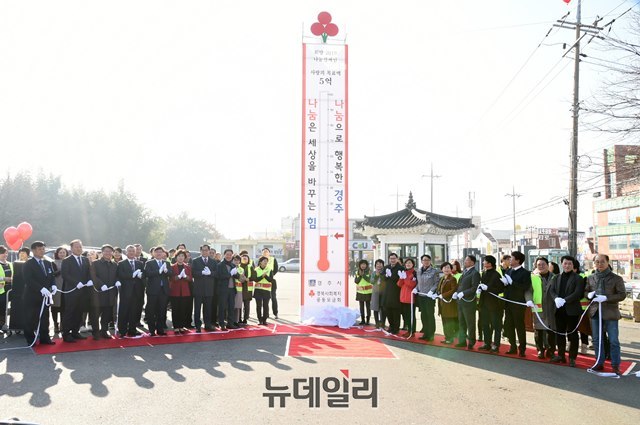 ▲ 경주시는 27일 경주역 광장에서 '희망2019나눔캠페인' 사랑의 온도탑 제막식을 가졌다.ⓒ뉴데일리