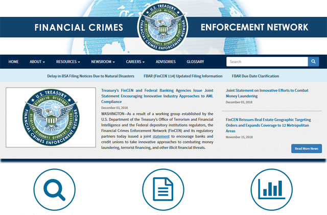 ▲ 美재무성 산하 금융범죄단속반(FinCEN). ⓒFinCEN 홈페이지 캡쳐.