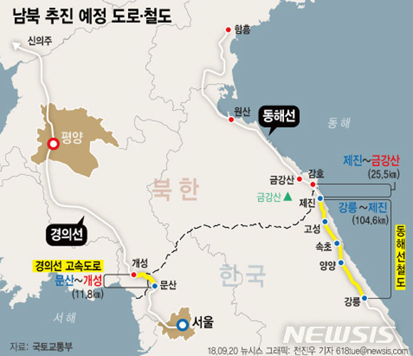 ▲ 지난 9월 정부에서 내놓은 남북철도·도로연결 예상도. ⓒ뉴시스. 무단전재 및 재배포 금지.