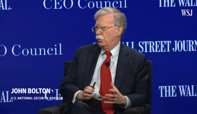▲ 월스트리트저널 CEO 협회에 나온 존 볼튼 美백악관 국가안보보좌관. ⓒ美WSJ CEO 협회 중계영상 캡쳐.