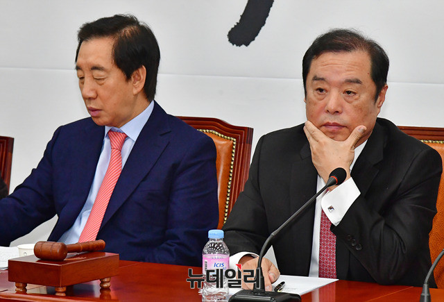▲ 자유한국당 김성태 원내대표(왼쪽)와 김병준 비상대책위원장. ⓒ뉴데일리 이종현 기자