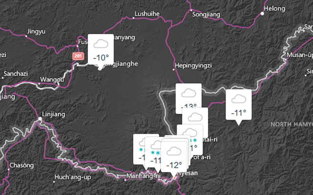 ▲ 北양강도 삼지연 일대의 현재 기온. ⓒ기상정보업체 아큐웨더 관련화면 캡쳐.