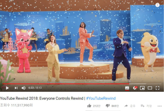 ▲ 12일 한국시간 오전 9시 기준 싫어요 869만을 기록하고 있는 YouTube Rewind 2018 ⓒYoutube