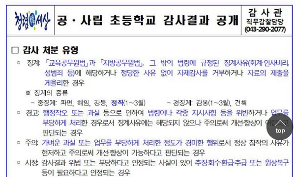 ▲ 충북도교육청은 17일 2013년 이후 유‧초‧중‧고 등에 대한 감사결과를 홈페이지에 공개했다.ⓒ충북도교육청 홈페이지 캡처