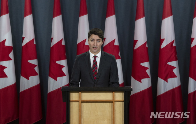 ▲ 기자 회견을 하는 캐나다 트뤼도 총리ⓒ뉴시스. 무단 전재 및 재배포 금지.