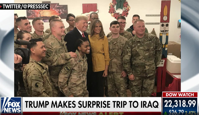▲ 이라크 알 아사드 공군기지를 찾은 트럼프 美대통령 내외. ⓒ새라 샌더스 美백악관 대변인 트위터-美폭스뉴스 관련보도 화면캡쳐.