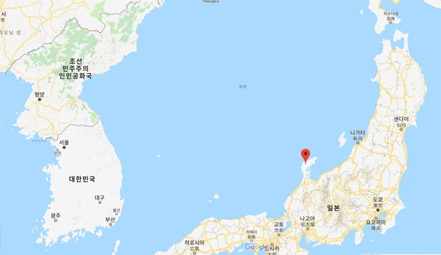 ▲ 한국과 일본, 동해 지도. 오른쪽 아래 빨간 표시된 지점이 日노토 반도다. ⓒ구글맵 캡쳐.