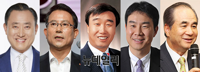 ▲ 이해선 코웨이 대표, 류권주 SK매직 대표, 정휘동 청호나이스 회장, 구본학 쿠쿠홈시스 대표, 윤석금 웅진그룹 회장 (사진 왼쪽부터) ⓒ 각 사, 뉴데일리 DB