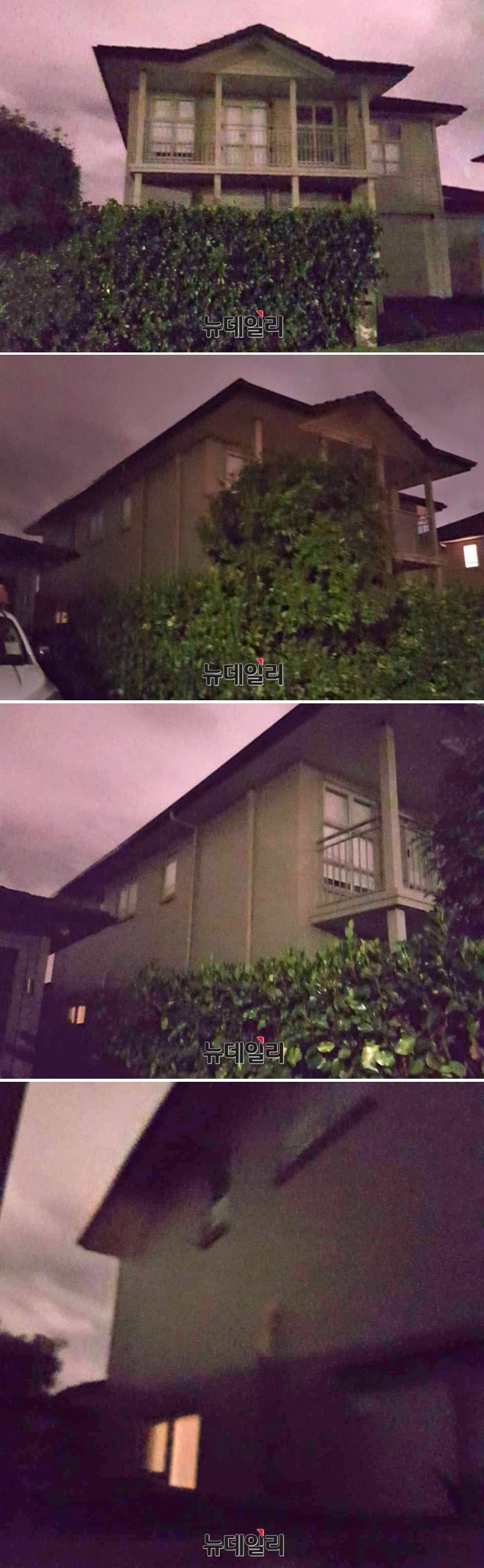 ▲ 지난 3일 오후 뉴질랜드 교민 A씨가 촬영한 신씨 부부의 뉴질랜드 자택 전경. 주변이 어둑어둑해진 가운데 창고로 추정되는 1층 한 곳에 불이 켜져 있는 것을 볼 수 있다. ⓒ 뉴데일리