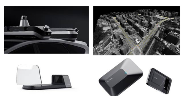 ▲ 왼쪽 상단부터 시계방향으로 맵핑 시스템 ‘R1’, 고정밀 지도 ‘Hybrid HD Map’, 운전자 보조시스템 ‘ADAS’, 3차원 AR HUD ‘AHEAD’ ⓒ네이버