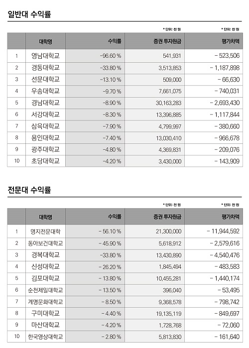 ▲ 2017회계연도 사립대 법인 적립금 금융투자 현황. ⓒ뉴데일리경제