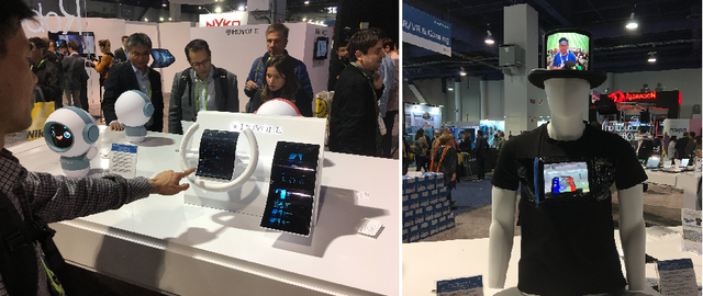 ▲ CES 2019 로욜 부스에 전시된 차량용 디스플레이 제품(좌)과 모자와 티셔츠에 적용된 디스플레이 제품(우) ⓒ장소희 기자