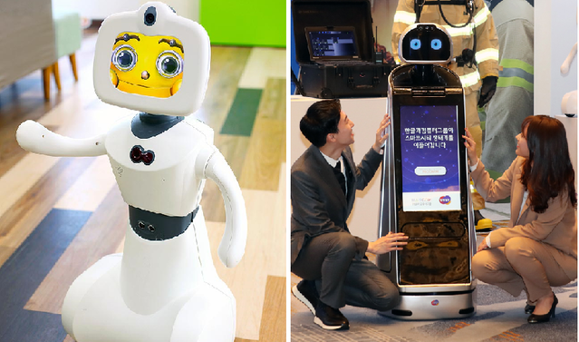 ▲ CES 2019에서 선보인 한컴의 홈서비스 로봇(좌)과 큐레이팅봇(우) ⓒ한컴