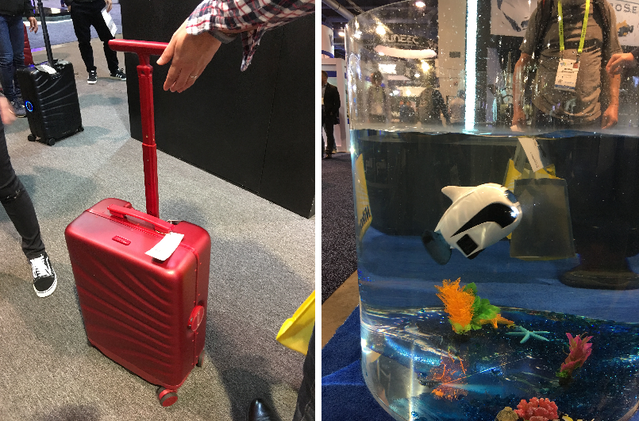 ▲ CES 2019에 전시된 로봇캐리어 '로버스피드'(좌)와 로봇 물고기(우) ⓒ장소희 기자