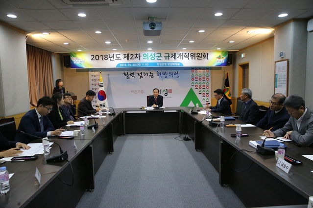 ▲ 의성군은 최근 대한상공회의소가 전국 228개 지방자치단체를 대상으로 조사한 기업체감도 평가 결과, 지난해 105위에서 65위로 40계단이나 올랐다. 사진은 의성군 규제개혁 회의 장면.ⓒ의성군