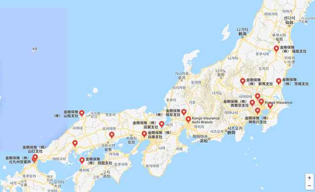 ▲ 일본 전역에 있는 조총련계 '금강보험' 지사들. 본사는 도쿄에 있다. ⓒ구글 맵 금강보험 지사표시 캡쳐.