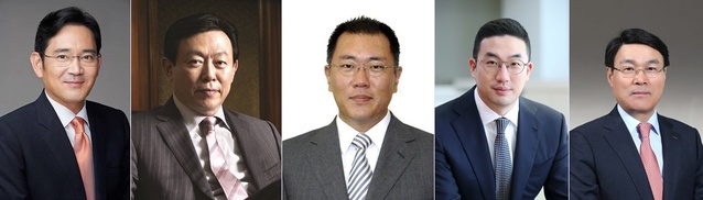 ▲ 왼쪽부터 삼성전자 이재용 부회장, 롯데그룹 신동빈 회장, 현대차그룹 정의선 수석부회장, LG그룹 구광모 회장, 포스코 최정우 회장.ⓒ각 사