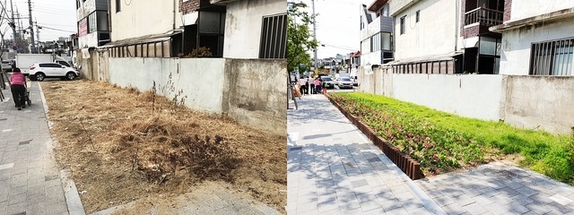 ▲ 대구시 동구가 주민참여 골목꽃길 조성사업을 추진한다.(사진 왼쪽은 조성 전, 오른쪽은 조성 후 모습)ⓒ동구