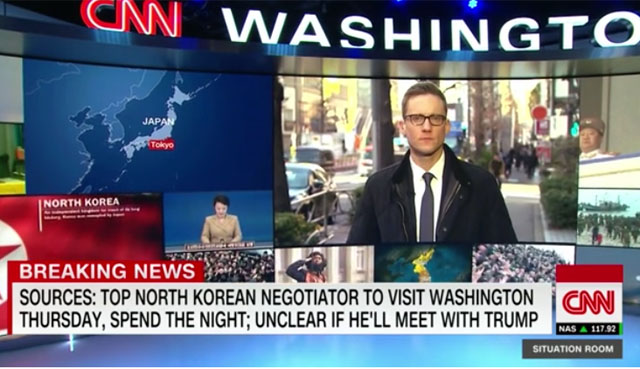 ▲ 북한 김영철의 미국행에 대해 보도하는 CNN. 화면 속 기자 윌 리플리는 트위터에 