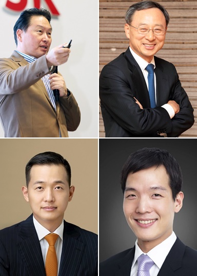 ▲ 최태원 SK그룹 회장, 황창규 KT 회장, 김동관 한화큐셀 전무, 김동원 한화생명 상무.(왼쪽 상단부터 시계방향으로)ⓒ각 사