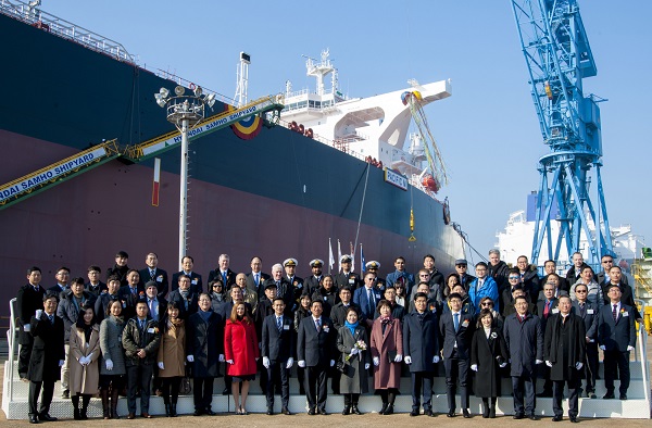 ▲ 현대삼호중공업이 18일 영암조선소에서 30만톤급 원유운반선에 대한 명명식을 진행했다. ⓒ현대삼호중공업