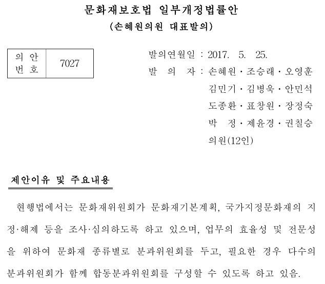 ▲ 손혜원 의원 대표발의 법안. ⓒ국회 의안정보 시스템