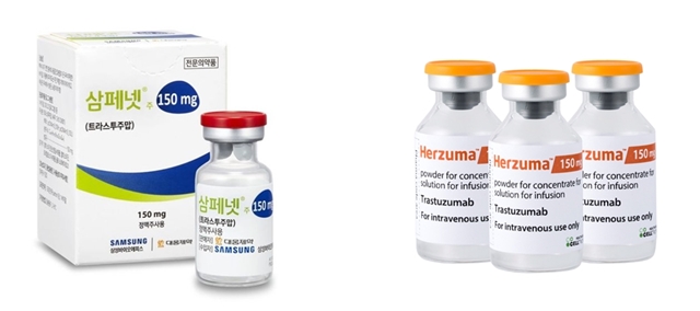 ▲ '온트루잔트'의 국내 제품명인 '삼페넷'(좌)과 '허쥬마'(우) ⓒ삼성바이오에피스, 셀트리온