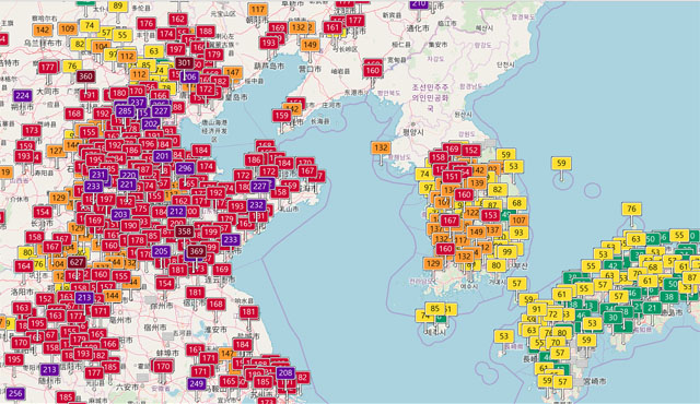 ▲ 22일 13시 현재 AQICN.ORG가 보여주는 동아시아 일대의 대기질 지수. ⓒAQICN 화면캡쳐.