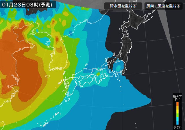 ▲ 일본기상협회가 예상한 23일 오전 3시 한반도 일대의 초미세먼지 상황. ⓒ일본기상협회 홈페이지 캡쳐.