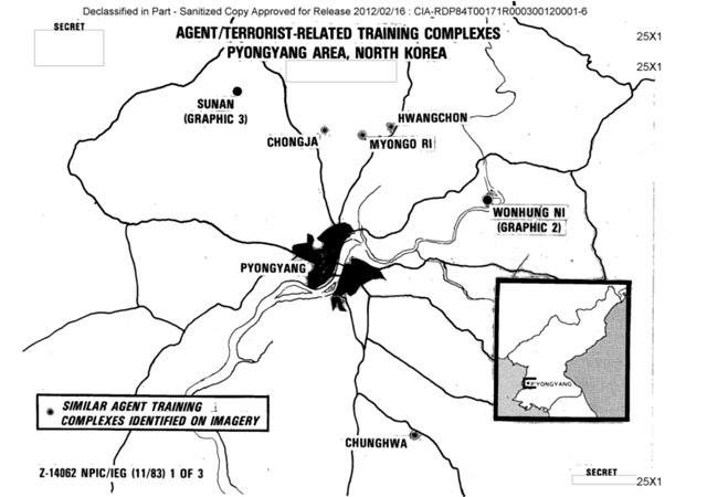 ▲ 기밀해제된 미국 CIA 보고서에 실린 북한 테러조직 훈련소 지도. ⓒ미국의 소리 관련보도 화면캡쳐.
