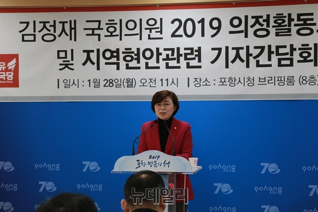 ▲ 김정재 의원이 28일 포항시청 브리핑룸에서 기자간담회를 통해 의정활동 및 지역현안에 대해 설명을 하고있다.ⓒ뉴데일리