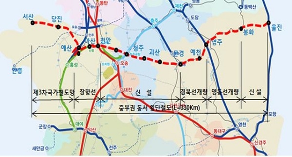 ▲ ‘중부권 동서횡단철도’ 노선도.ⓒ천안시