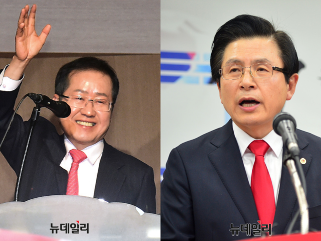 ▲ 30일 서울 여의도 더케이호텔에서 당대표 출마를 선언한 홍준표 전 한국당 대표(좌). 지난 29일 서울 영등포구 한국당 당사에서 당대표 출마를 선언한 황교안 전 국무총리(우).ⓒ뉴데일리DB