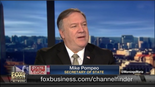 ▲ 폼페이오 국무 장관이 '폭스 비즈니스'와 인터뷰를 하고 있다ⓒ'폭스 비즈니스'방송 화면 캡처