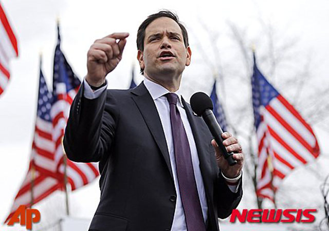 ▲ 마르코 루비오 상원의원. 2016년 대선 레이스 당시 연설하는 모습이다. ⓒ뉴시스 AP. 무단전재 및 재배포 금지.