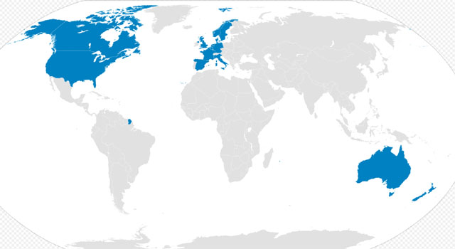 ▲ 이미 존재하는 '포틴 아이즈' 가입국. '파이브 아이즈'는 필요에 따라 한시적 연대체를 구성한다. '나인 아이즈'나 '포틴 아이즈', '포티원 아이즈'가 그렇다. ⓒ위키피디아 공개사진.