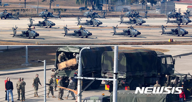 ▲ 경기 평택시 개리슨 험프리에 있는 미 육군 항공여단 소속 AH-64 아파치 헬기. 과거 주한미군에는 항공여단이 2개 배치돼 있었다. ⓒ뉴시스. 무단전재 및 재배포 금지.